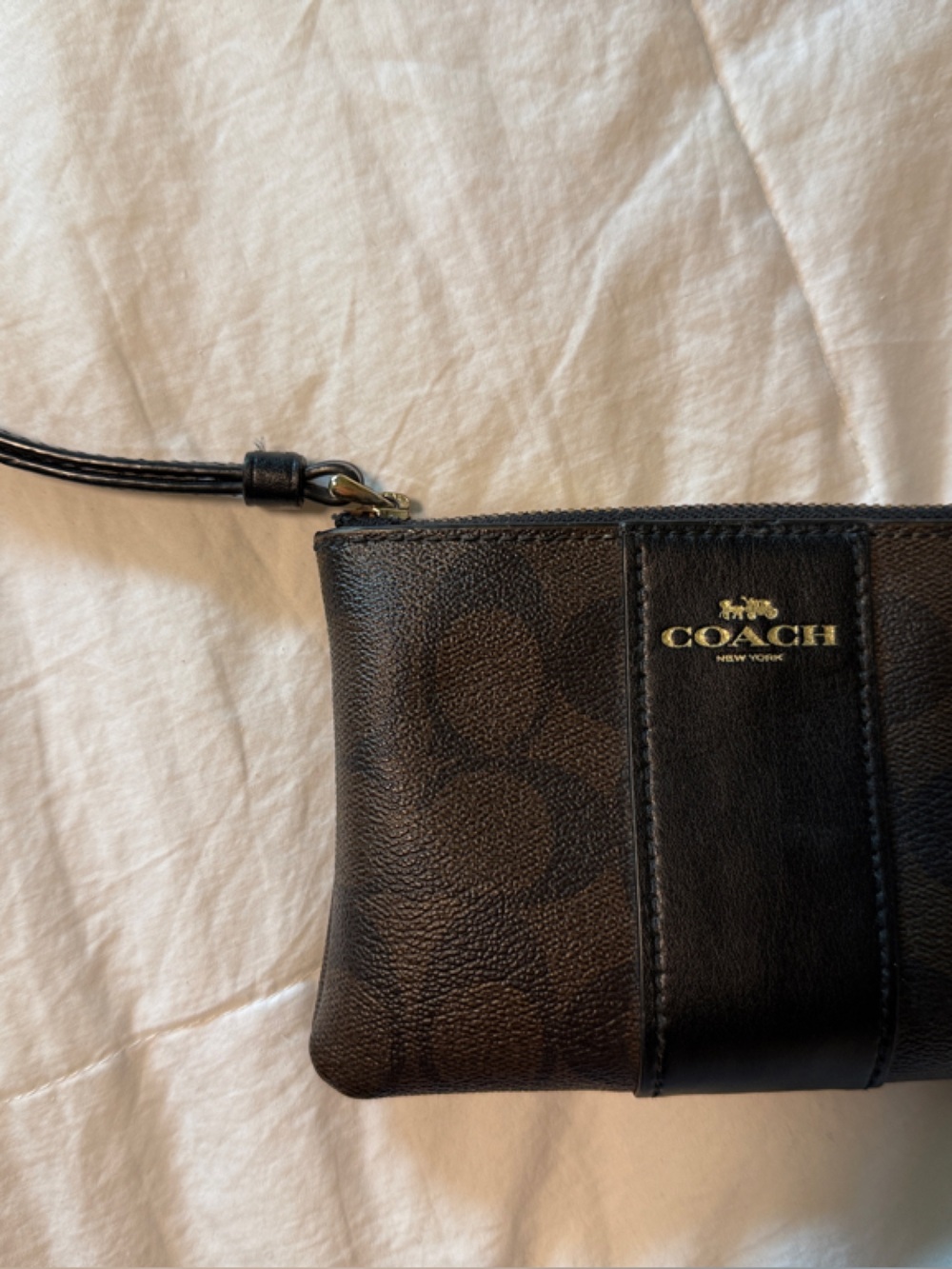 Coach Brown and Black Signature Wristlet with Gold Logo